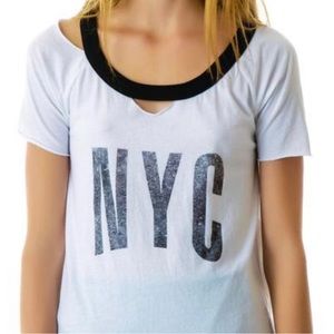 CHASER Women's "NYC" distressed ringer T-Shirt NWOT